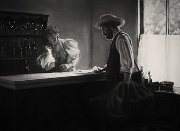 An old man looking in a mirror while a woman looks on