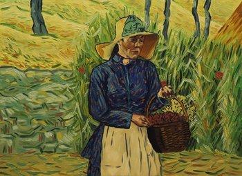 Movie still from “Loving Vincent” (2017), directed by DK Welchman – A painting of an old woman holding a basket of cherries; Medium shot, Low angle