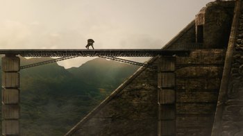 Movie still from “Machete Kills” (2013), directed by Robert Rodriguez – A person walking across a bridge over a river; Extreme Wide shot, Low angle