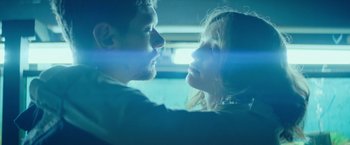 Movie still from “Little Fish” (2020), directed by Chad Hartigan – A man and a woman looking at one another in a car; Close Up shot, Over the shoulder angle