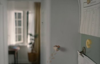 Movie still from “Marcel the Shell with Shoes On” (2021), directed by Dean Fleischer Camp – A white wall with a hole in the middle of the wall; Extreme Close Up shot, Low angle