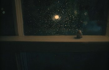 Movie still from “Marcel the Shell with Shoes On” (2021), directed by Dean Fleischer Camp – A cat sitting on top of a windowsill looking out of a window; Extreme Close Up shot, High angle