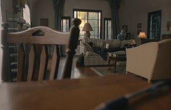 Movie still from “Marcel the Shell with Shoes On” (2021), directed by Dean Fleischer Camp – A living room filled with furniture next to a large window; Wide shot, High angle