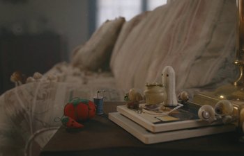 Movie still from “Marcel the Shell with Shoes On” (2021), directed by Dean Fleischer Camp – A table with a stuffed animal and other items on top of it; Extreme Close Up shot, High angle