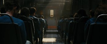 Movie still from “Maze Runner: The Death Cure” (2018), directed by Wes Ball – A group of people sitting in a train car; Wide shot, High angle