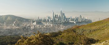 Movie still from “Maze Runner: The Death Cure” (2018), directed by Wes Ball – An image of a large city in the middle of the day; Extreme Wide shot, High angle
