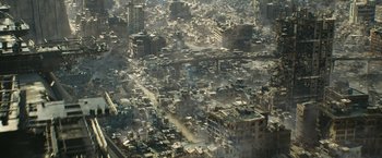 Movie still from “Maze Runner: The Death Cure” (2018), directed by Wes Ball – An aerial view of a large city filled with lots of buildings; Extreme Wide shot, High angle