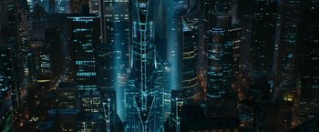 Movie still from “Maze Runner: The Death Cure” (2018), directed by Wes Ball – A view of a city at night from above; Extreme Wide shot, High angle