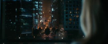 Movie still from “Maze Runner: The Death Cure” (2018), directed by Wes Ball – A view of a city at night from a car window; Extreme Wide shot, High angle