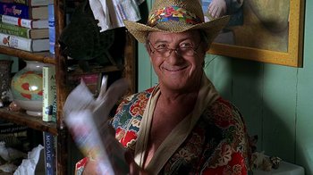 Movie still from “Meet the Fockers” (2004), directed by Jay Roach – A man wearing a straw hat while holding a newspaper; Close Up shot, Low angle