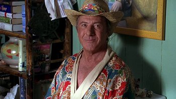 Movie still from “Meet the Fockers” (2004), directed by Jay Roach – A man wearing a straw hat and a robe; Close Up shot, Low angle
