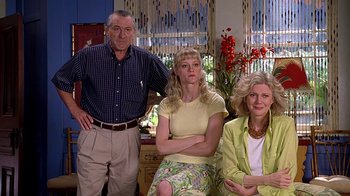 Movie still from “Meet the Fockers” (2004), directed by Jay Roach – A man and a woman and a woman sitting on a couch; Medium shot, Low angle