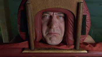 Movie still from “Meet the Fockers” (2004), directed by Jay Roach – A person wearing a hood; Close Up shot, Overhead angle