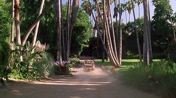 Movie still from “Meet the Fockers” (2004), directed by Jay Roach – A car driving down a dirt road surrounded by palm trees; Extreme Wide shot, Low angle