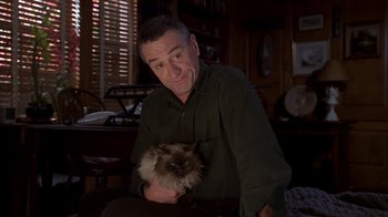 Movie still from “Meet the Parents” (2000), directed by Jay Roach – A man holding a cat while sitting in a chair; Medium shot, Low angle