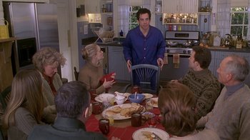 Movie still from “Meet the Parents” (2000), directed by Jay Roach – A group of people sitting around a table with plates of food on top of it; Wide shot, Over the shoulder angle