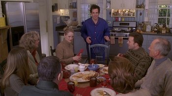 Movie still from “Meet the Parents” (2000), directed by Jay Roach – A group of people sitting around a table eating food; Wide shot, Over the shoulder angle