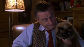 Movie still from “Meet the Parents” (2000), directed by Jay Roach – A man holding a cat while sitting in a chair; Close Up shot, Low angle