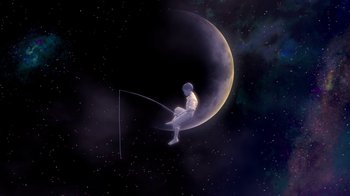 Movie still from “Megamind” (2010), directed by Tom McGrath – An astronaut is sitting on the moon while fishing; Extreme Wide shot, Overhead angle