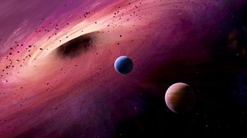 Movie still from “Megamind” (2010), directed by Tom McGrath – An image of an outer space scene with planets and nebulae; Extreme Wide shot, Overhead angle