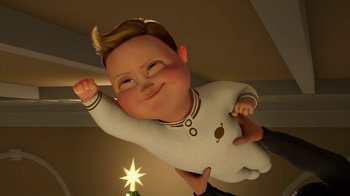 Movie still from “Megamind” (2010), directed by Tom McGrath – A cartoon of a boy holding a stuffed animal; Medium shot, High angle
