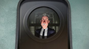 Movie still from “Megamind” (2010), directed by Tom McGrath – An animated picture of a man in a suit and tie; Medium shot, Low angle
