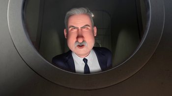 Movie still from “Megamind” (2010), directed by Tom McGrath – A cartoon of a man with a mustache looking into a mirror; Medium shot, Over the shoulder angle
