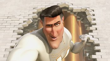 Movie still from “Megamind” (2010), directed by Tom McGrath – An animated man is in a hole with a brick wall behind him; Close Up shot, Low angle