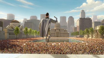 Movie still from “Megamind” (2010), directed by Tom McGrath – A crowd of people are gathered in front of a building; Extreme Wide shot, Low angle
