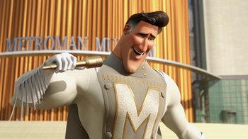 Movie still from “Megamind” (2010), directed by Tom McGrath – A cartoon character is holding a baseball bat in his hand; Medium shot, Low angle