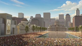 Movie still from “Megamind” (2010), directed by Tom McGrath – A crowd of people gathered in a park near a body of water; Extreme Wide shot, High angle