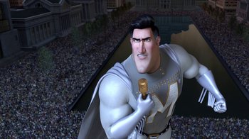 Movie still from “Megamind” (2010), directed by Tom McGrath – An animated character is holding a microphone in his hand; Medium shot, High angle