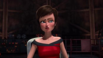 Movie still from “Megamind” (2010), directed by Tom McGrath – An animated woman in a red and black dress; Close Up shot, Over the shoulder angle