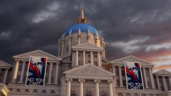 Movie still from “Megamind” (2010), directed by Tom McGrath – A building with a blue dome on the top of it; Extreme Wide shot, Low angle