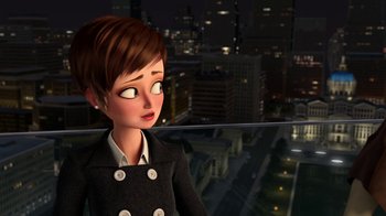 Movie still from “Megamind” (2010), directed by Tom McGrath – An animated woman looking out of a window at night; Medium shot, Over the shoulder angle