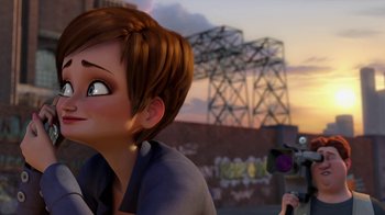 Movie still from “Megamind” (2010), directed by Tom McGrath – A person taking a picture of another person with a video camera; Close Up shot, Over the shoulder angle