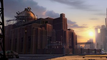 Movie still from “Megamind” (2010), directed by Tom McGrath – A large building with a dome on the top of it; Extreme Wide shot, Low angle