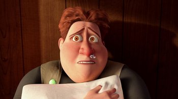 Movie still from “Megamind” (2010), directed by Tom McGrath – An image of an animated character holding a towel; Close Up shot, Low angle