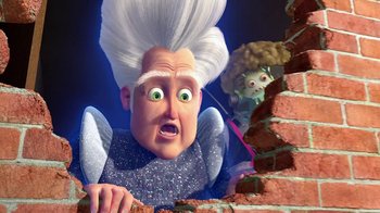 Movie still from “Megamind” (2010), directed by Tom McGrath – An old woman with white hair is looking surprised; Medium shot, Low angle