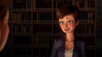 Movie still from “Megamind” (2010), directed by Tom McGrath – An animated woman in front of bookshelves in a library; Medium shot, Over the shoulder angle