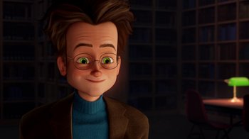 Movie still from “Megamind” (2010), directed by Tom McGrath – A cartoon of a man with green eyes and brown hair wearing glasses; Close Up shot, Over the shoulder angle