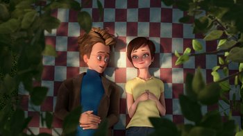 Movie still from “Megamind” (2010), directed by Tom McGrath – Two people laying on the ground next to a checkered floor; Medium shot, Overhead angle