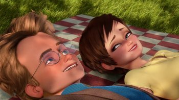Movie still from “Megamind” (2010), directed by Tom McGrath – A couple of people laying on a blanket; Close Up shot, High angle