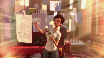 Movie still from “Megamind” (2010), directed by Tom McGrath – An animated woman holding a pen in a room filled with furniture; Wide shot, Over the shoulder angle