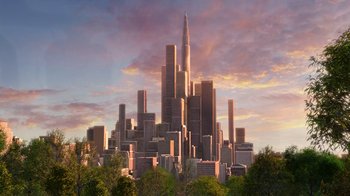 Movie still from “Megamind” (2010), directed by Tom McGrath – An image of a large city with a sky background; Extreme Wide shot, High angle