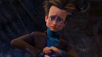 Movie still from “Megamind” (2010), directed by Tom McGrath – A man with glasses and a brown jacket; Medium shot, High angle
