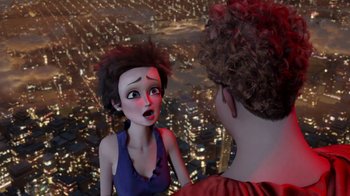 Movie still from “Megamind” (2010), directed by Tom McGrath – An animated woman talking to a man in a red suit; Close Up shot, Over the shoulder angle