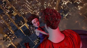 Movie still from “Megamind” (2010), directed by Tom McGrath – An image of an animated woman and a man in the city; Medium shot, Overhead angle