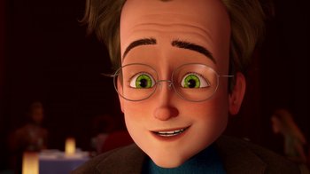 Movie still from “Megamind” (2010), directed by Tom McGrath – An animated man with green eyes wearing glasses; Close Up shot, Over the shoulder angle