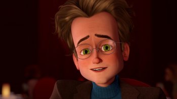 Movie still from “Megamind” (2010), directed by Tom McGrath – An animated man with green eyes wearing glasses; Close Up shot, Over the shoulder angle